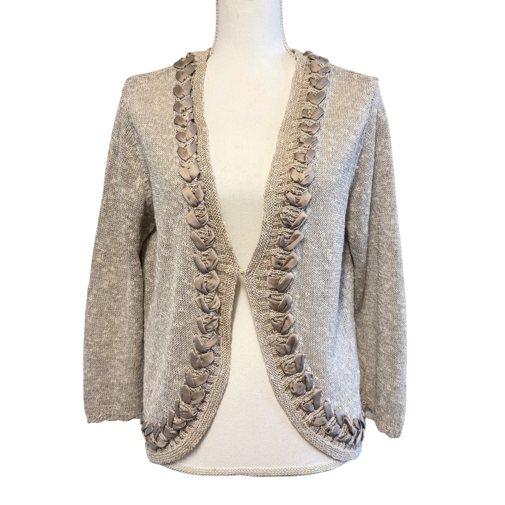 Coldwater Creek VTG Open Front Knit Cardigan‎ Linen Ribbon Detail Womens sz L/XL